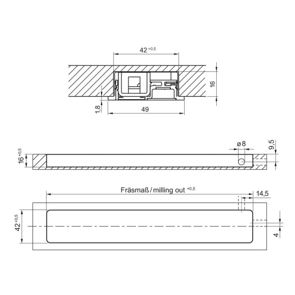 Диммируемая версия светодиодного светильника для освещения кухонных столешниц LD 8010 EF, Elektra, Германия - размеры