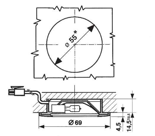 Встраиваемый мебельный светильник LD 1.9-1 с возможностью накладного монтажа, Elektra, Германия - размеры Встраиваемый мебельный светильник LD 1.9-1 с возможностью накладного монтажа, Elektra, Германия - размеры
