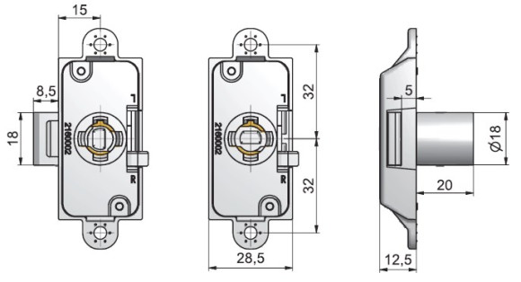 Замок мод. 550 для шкафов с распашными дверями, Lehmann, Германия - размеры Замок мод. 550 для шкафов с распашными дверями, Lehmann, Германия - размеры