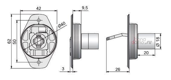 Мебельный замок мод. 515 для шкафов с раздвижными дверями, Lehmann, Германия - размеры