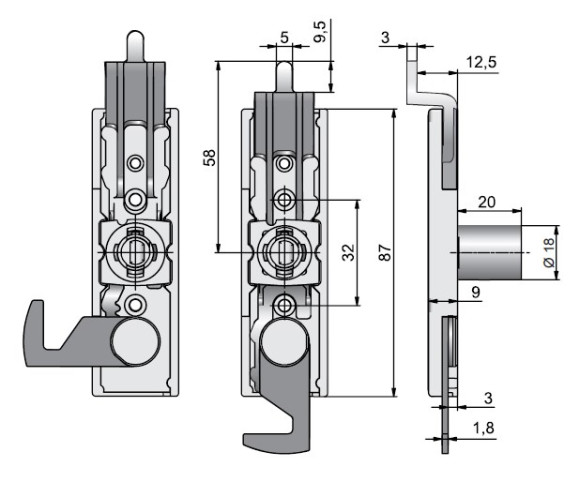 Замок мод. 415 для шкафов с 2 дверями, Lehmann, Германия - размеры