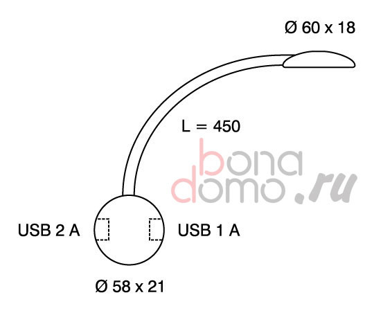 Прикроватный светильник с USB-зарядкой для гаджетов, Klebe, Германия - размеры