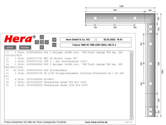 Размеры и комплектация светильника Futura конкретного артикула: 9100-88 (Hera, Германия)