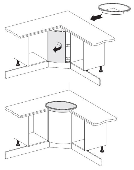 Пример применения доски с угловым шкафом со скругленным фасадом, схема монтажа